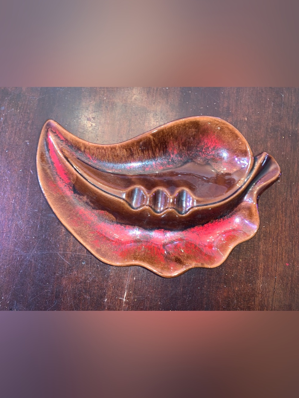 Vintage McMaster Red & Brown Ceramic Leaf Ashtray.
